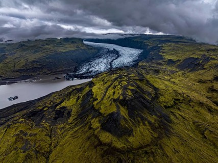 Glacier, glacier tongue, lake, mountains, cloudy, rainy, summer, aerial view, Myrdalsjökull,