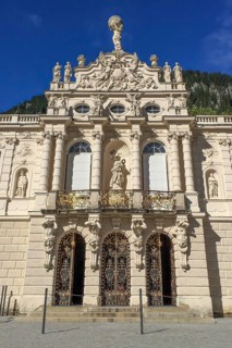 View of portal and façade entrance to Linderhof Palace in the Neurococo style with sculptures made