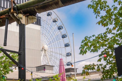 Ferris wheel in an urban environment with plants and hanging lights, Werksviertel Munich, Munich,