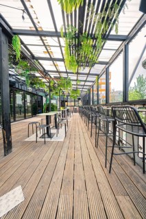 Modern terrace with wooden floor and hanging plants, industrial style, Werksviertel Munich, Munich,