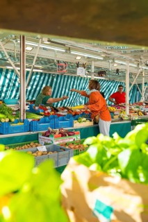 Market scene with lively exchange between customers and vendors at a colourful vegetable stand,