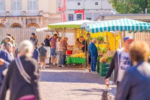 Visitors, including families with children, explore the attractive stalls at the market,