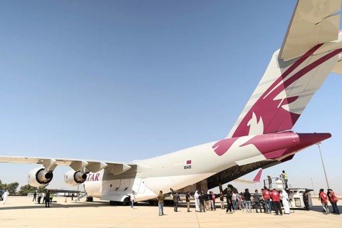A Qatari plane carrying humanitarian and medical aid arrives at Damascus International Airport as