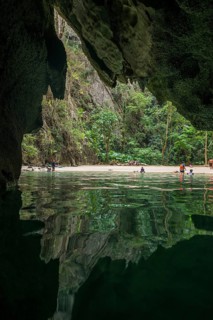 Sandy beach beach with cave in the rainforest, Emerald Cave, Koh Mook, Trang Province, Southern