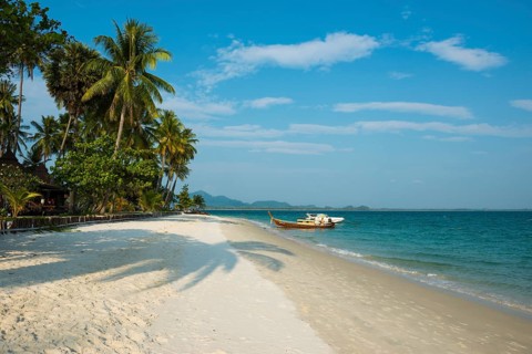 White sandy beach and coconut palms, Pearl Beach, Koh Mook, Trang Province, Southern Thailand,