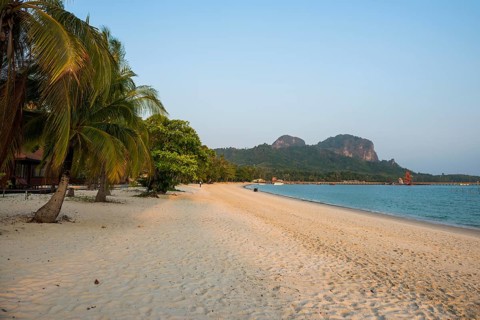 White sandy beach and coconut palms, sunset, Pearl Beach, Koh Mook, Trang Province, Southern