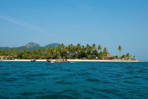 White sandy beach and coconut palms, Pearl Beach, Koh Mook, Trang Province, Southern Thailand,