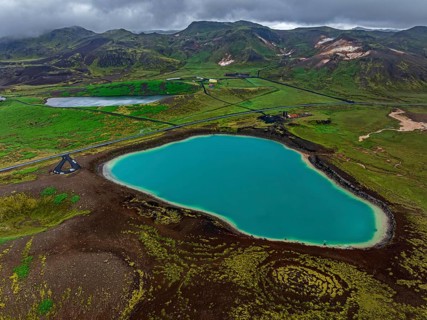 Lake, crater lake, mountains, cloudy, turquoise, volcanic landscape, hot springs, aerial view,