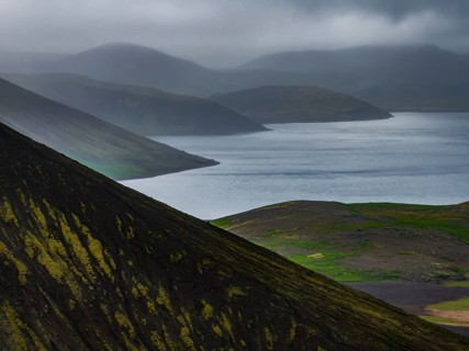 Lake, mountains, volcanic landscape, clouds, aerial view, summer, Kleifarvatn, Reykjanes Peninsula,