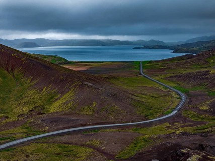 Road, mountains, lake, clouds, mountain road, curves, aerial view, summer, Reykjanes Peninsula,