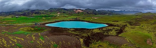 Lake, crater lake, mountains, cloudy, turquoise, volcanic landscape, hot springs, panorama, aerial
