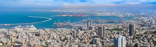 Israel, panoramic skyline view of Haifa downtown, port and historic center