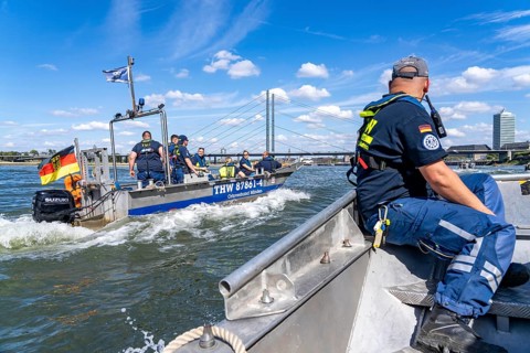 THW multi-purpose boats during a training trip on the Rhine, near Düsseldorf, of the Water Hazards