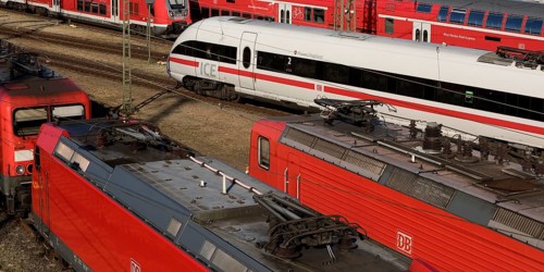 Elevated view of several local trains and an ICE train, Frankfurt am Main, Hesse, Germany