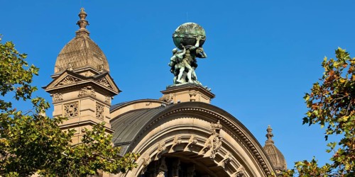 Main front of the main railway station with Atlas carrying the globe on his shoulders, Frankfurt am