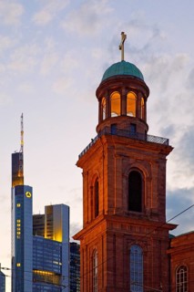 Tower of St Paul's Church and tower of the Commerzbank headquarters in the evening, Frankfurt am