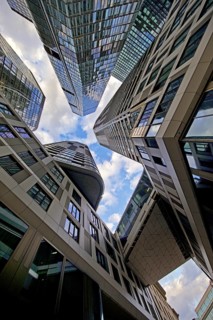 Frog's-eye view of the skyscrapers in the banking district, Four Frankfurt, Frankfurt am Main,