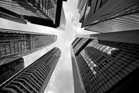 Frog's-eye view of the skyscrapers in the banking district, Four Frankfurt, Frankfurt am Main,