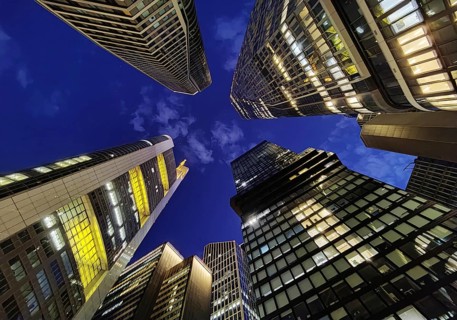Frog's-eye view of skyscrapers in the banking district in the evening, Four Frankfurt, Frankfurt am