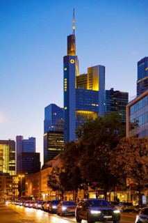 Cars on Berliner Straße and Commerzbank Tower in the evening, Frankfurt am Main, Hesse, Germany