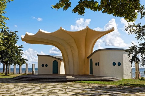 Concert pavilion in the shape of a shell, shell shape, coast near Sassnitz, Jasmund Peninsula,