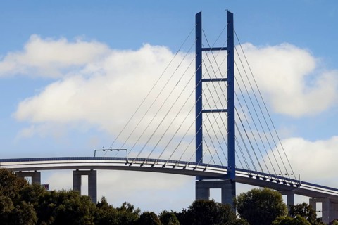 Rügen bridge, sunny white clouds, Rügen dam, connects the island of Rügen with the Hanseatic city