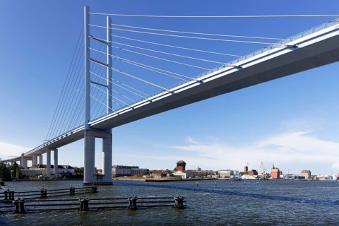 Rügen Bridge, behind Old Town Stralsund, blue sky, sea, Baltic Sea, Rügen Dam, connects the island