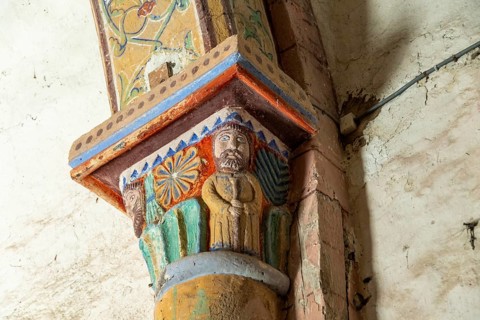 Compains, carved capital, Saint Georges church, Auvergne Volcanoes Regional Park, Cezallier region,