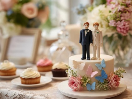 Wedding cake with male bride and groom topper and floral decoration, symbolic image for same-sex