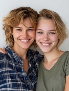 Two smiling woman in casual clothes pose friendly on a wall, symbolic image for same-sex