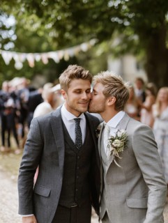 A male couple in a suit, one kissing the other on the cheek, surrounded by guests outdoors,