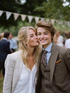 A same-sex couple in a suit, one kissing the other on the cheek, surrounded by guests outdoors,