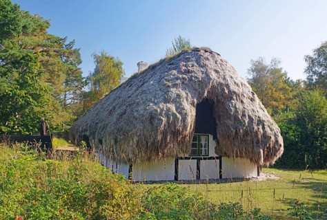 A small house with a seaweed roof surrounded by nature, trees and grass, Læsø, Jutland, Kattegat,
