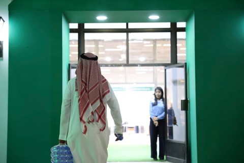 Saudi companies showcase products and investments inside the Saudi pavilion at the Damascus