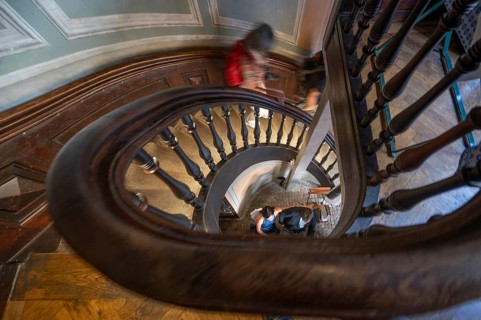 Spiral staircase in the courtyard of Augustiner Bräu, Munich, Bavaria, Germany