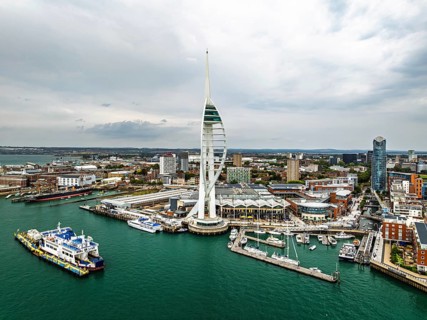Portsmouth Harbour over Spinnaker Tower from a drone, Portsmouth, Gosport, England, United Kingdom