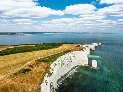 White Cliffs of Old Harry Rocks Jurassic Coast from a drone, Handfast Point, Dorset Coast, Poole,