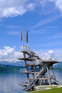 Outdoor pool, diving tower, Millstatt, Lake Millstatt, Carinthia, Austria