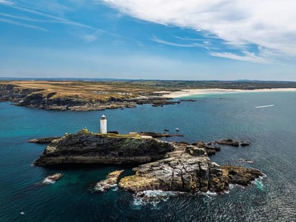 Godrevy Lighthouse from a drone, Godrevy Island, St Ives Bay, Cornwall, England, United Kingdom
