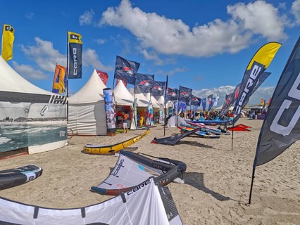 California kitesurfing Masters 2025, Kite Village tents with kite equipment for sale, marketplace,