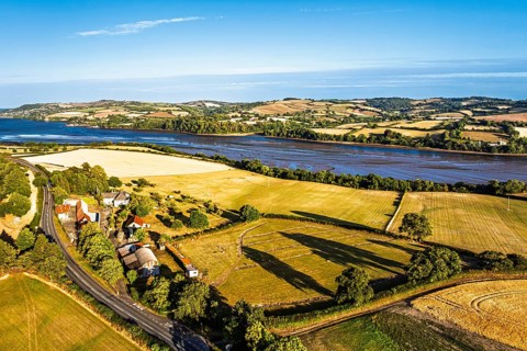 Farms and Fields over River Teign and Teignmouth Road from drone, Newton Abbot, Devon, England,
