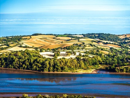 Farms and Fields over River Teign and Shaldon Road from drone, Newton Abbot, Devon, England, United