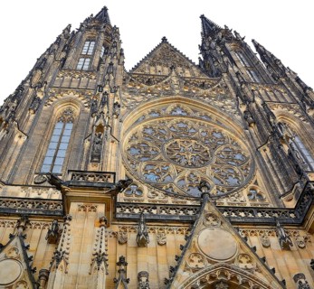 Low angle view of the richly decorated facade of st. Vitus cathedral in prague, czech republic,