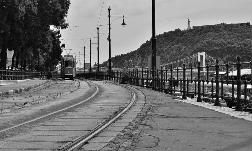 Black and white image of an old tram approaching on tram tracks in budapest, with liberty bridge