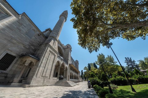 The historic semsi pasha mosque in istanbul, turkey, stands tall against a vibrant blue sky, its