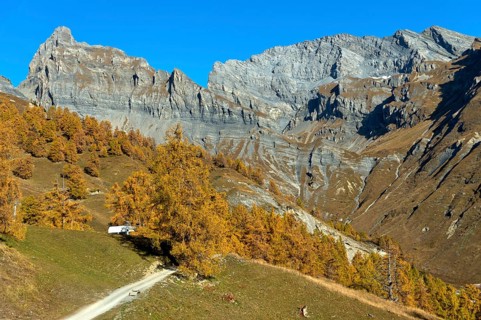 Golden autumn in the Ovronnaz hiking area, the Petit Muveran and Grand Muveran peaks behind,
