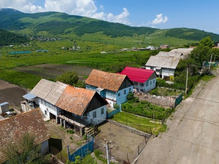 Colourful row of houses on a country road with fields and green hills in the background, aerial