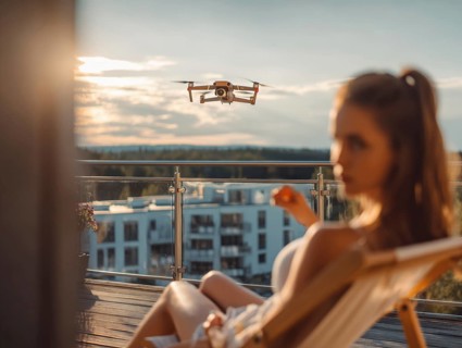 Ein Fernpilot steuert sein Quadrocopter, Drohne in einem dicht besiedeltem Wohngebiet und nähert