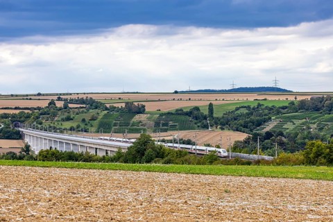 Enztal bridge with ICE. Double-track railway overpass of the high-speed line from Mannheim to