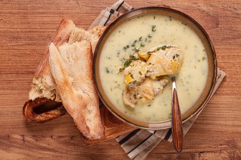 Chikhirtma chicken soup, Georgian dish, with lavash, top view, no people